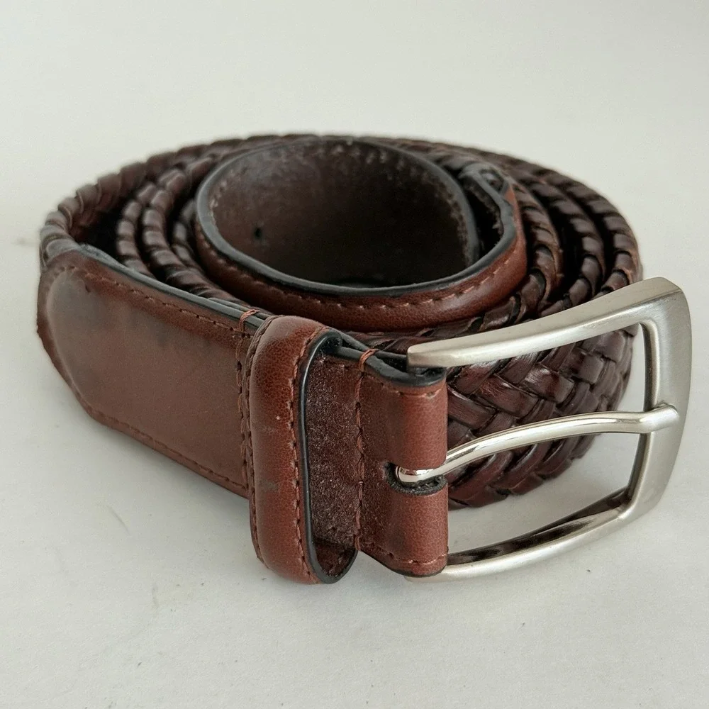 Brown Stretch‎ Braided Belt Faux Leather Silver Buckle 50